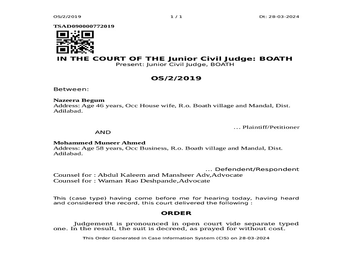 Junior civil judge Boath decree document favoring plaintiff Nazeera Begum in civil suit OS/2/2019 against Mohammed Muneer Ahmed.