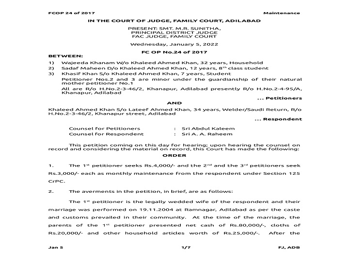 Family Court Judgment FCOP No. 24 of 2017 - Maintenance Order for Minor Children - Adilabad Family Court