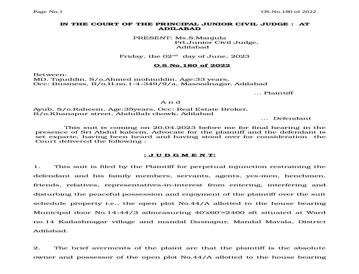 Civil Court Judgment OS No. 180 of 2022 - Perpetual Injunction Granted for Property Protection - Adilabad Court